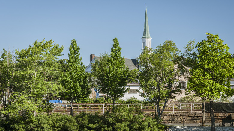 Steeple of Trinity Church rising above trees along the Charles River in Waltham, Massachusetts