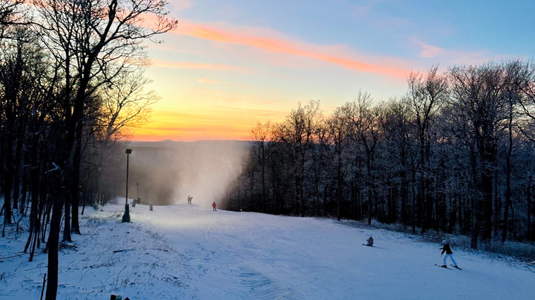 Skiers on a mountain trail at Jiminy Peak, Hancock, Massachusetts