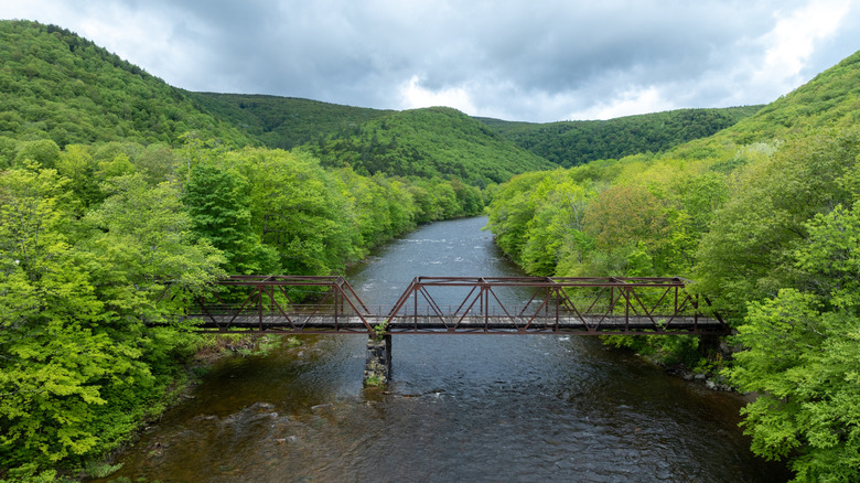 Aerial view of the Deerfield River and old wooden bridge in Florida, Massachusetts