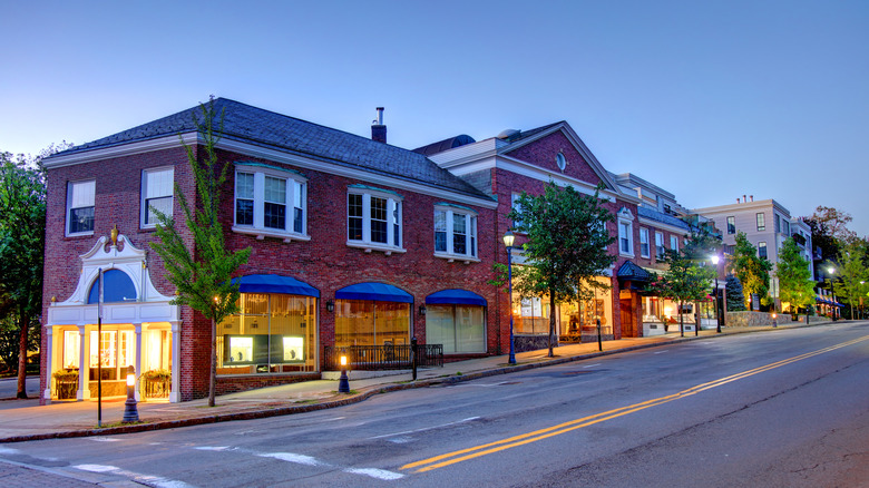 View of a charming street with shops and restaurants in Wellesley, Mass at twilight