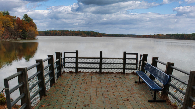 A dock with a bench on the Ludlow Reservoir in Ludlow, Massachusetts