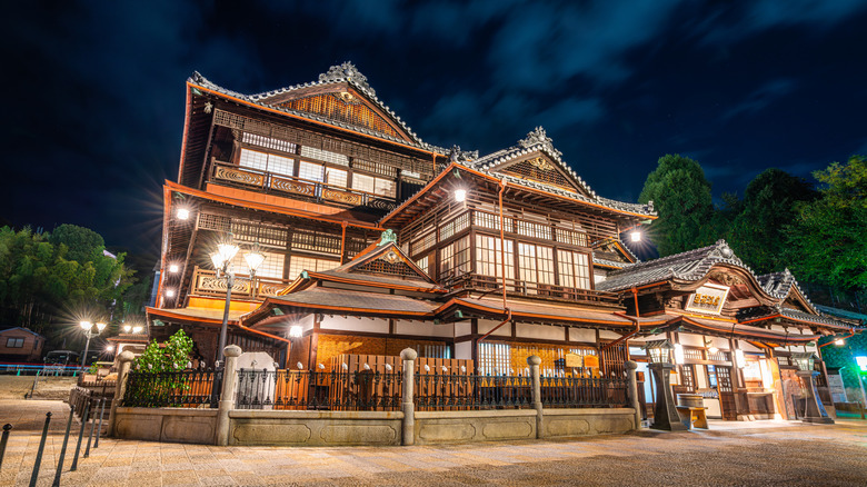 The main bathhouse (honkan) of Dogo Onsen at night