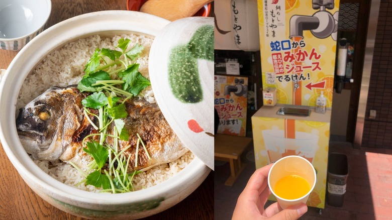 Taimeshi (left) and a mikan juice vending machine in Matsuyama (right)