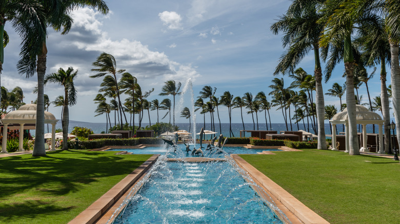 View of the Grand Wailea, a Waldorf Astoria hotel, one of several resorts in the exclusive Wailea area on the West shore of the Hawaiian island of Maui.