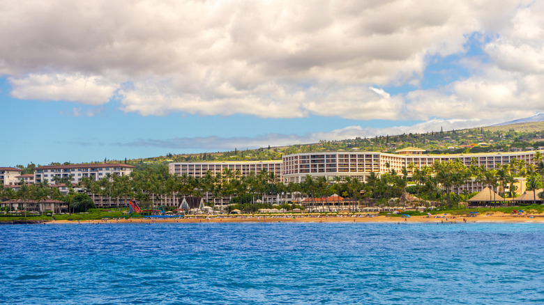 View of Grand Wailea resort and beach from the water.