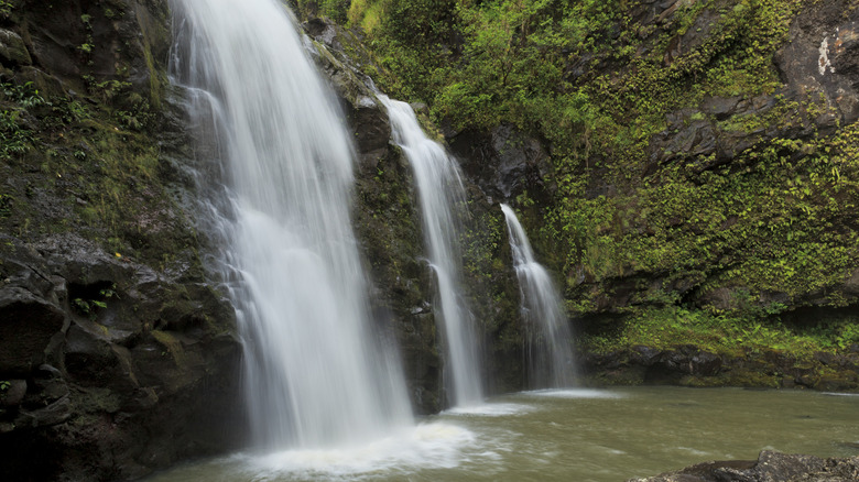 The Upper Waikani Falls are also known as the Three Bears Falls because they range in size from large to small.