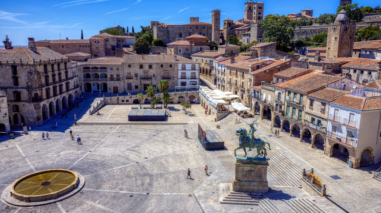 An aerial view of Cáceres' Plaza Mayor, one of the largest in Spain