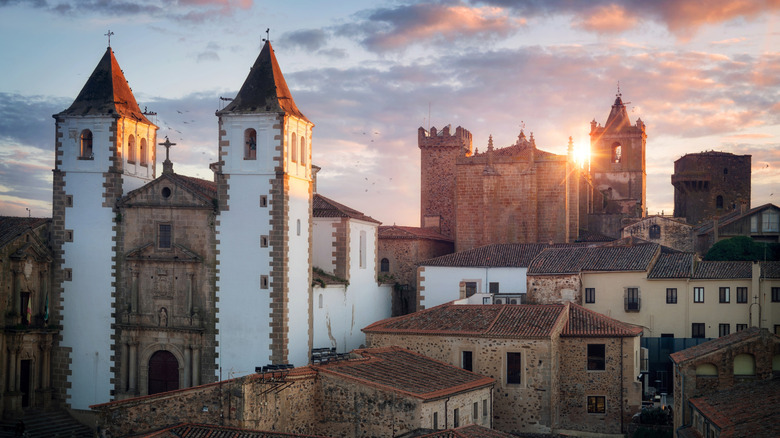 Sunset over the roofs of Cáceres, Spain