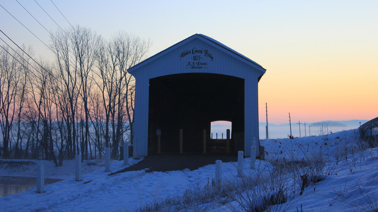 The Medora Covered Bridge at Sunset in the snow