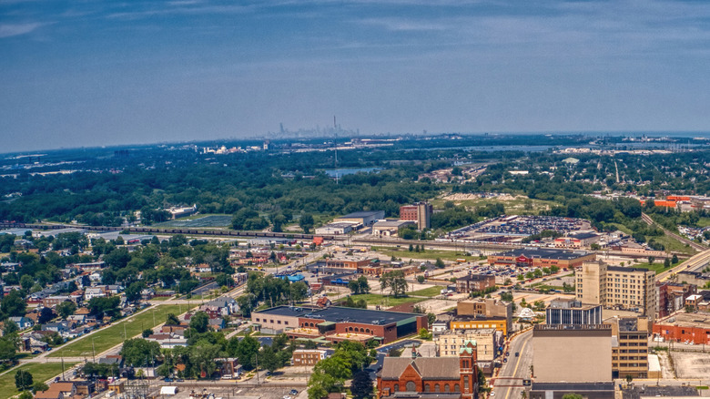 Aerial view of the hazy Chicago skyline from "the Region" (Merrillville, Hammond, Calumet)