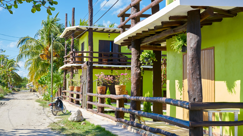 green buildings in Isla Holbox lining a dirt road