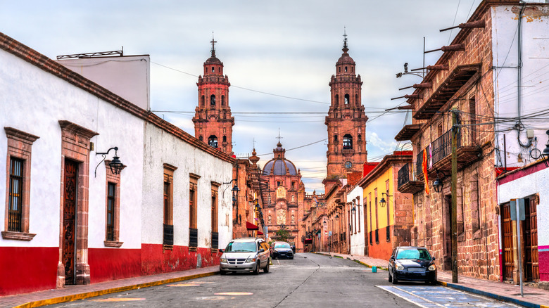 street in Morelia with cathedral