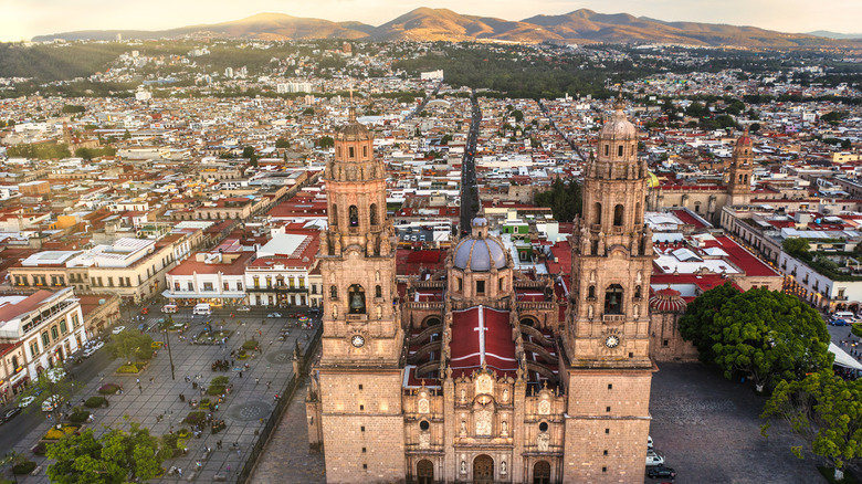 pink church and buildings of Morelia from above