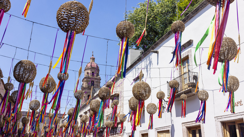 building in Morelia, Mexico with colorful ornaments