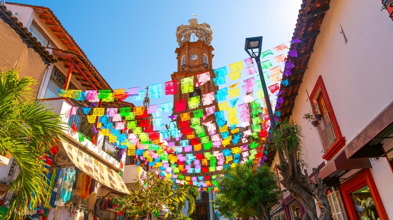 Colorful flags and buildings in Puerto Vallarta