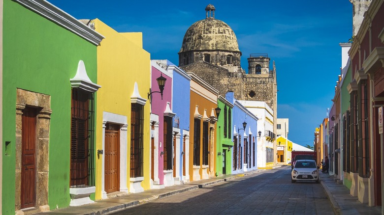 Colorful buildings and church in San Francisco de Campeche