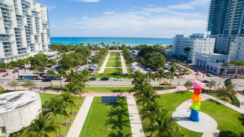 View of Miami Beach lawns with sculptures during Art Basel Miami Beach show
