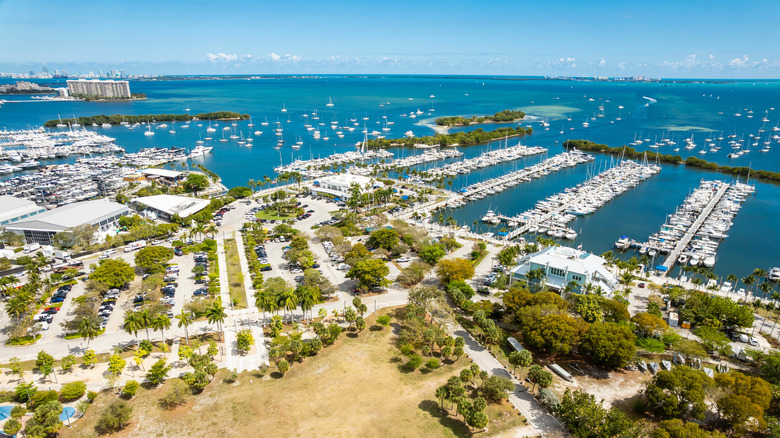Aerial view of the Dinner Key Marina and Biscayne Bay from Coconut Grove, Florida