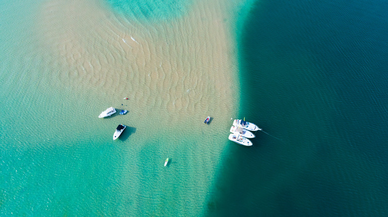 An aerial view of a sandbar in Torch Lake, Michigan