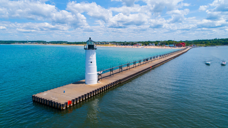 The Frankfort North Breakwater pier and lighthouse in Michigan