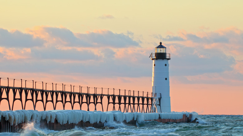 The Manistee North Pier at sunset on Lake Michigan
