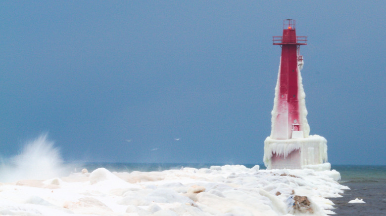 The Muskegon South Breakwater and light covered in ice