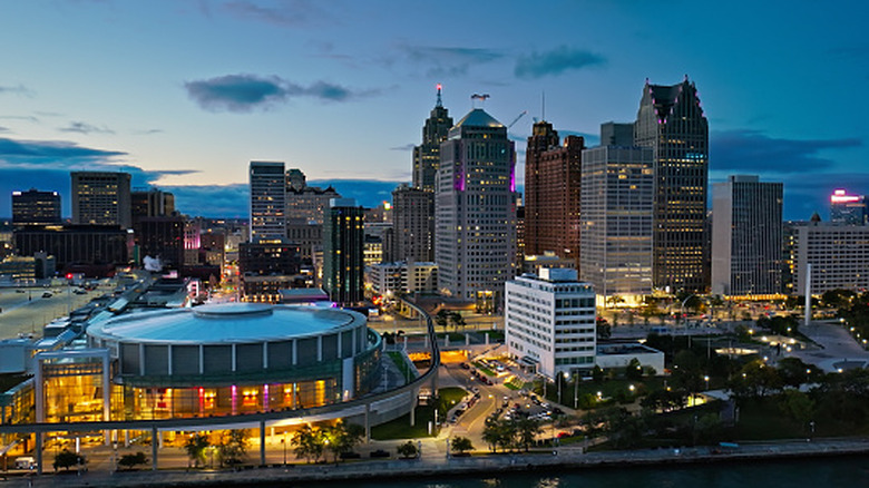An aerial view of downtown Detroit, Michigan, from above the Detroit River