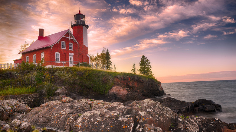 Sunset and clouds at the Eagle Harbor Lighthouse on the Keewenaw Peninsula