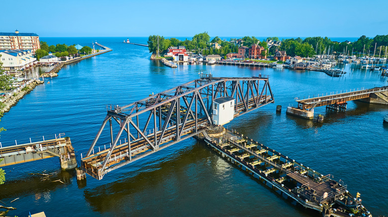 An aerial view of a steel swing bridge and Lake Michigan shoreline in Benton Harbor, Michigan