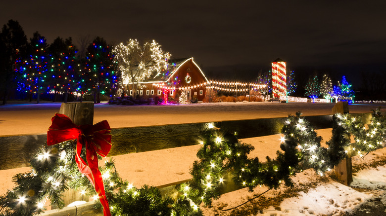 Farm decorated with Christmas lights
