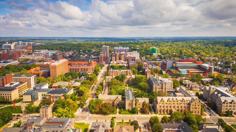 Aerial view of Ann Arbor, Michigan skyline with trees and buildings
