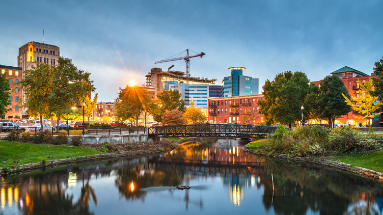 A lake, park, and buildings in downtown Kalamazoo, Michigan