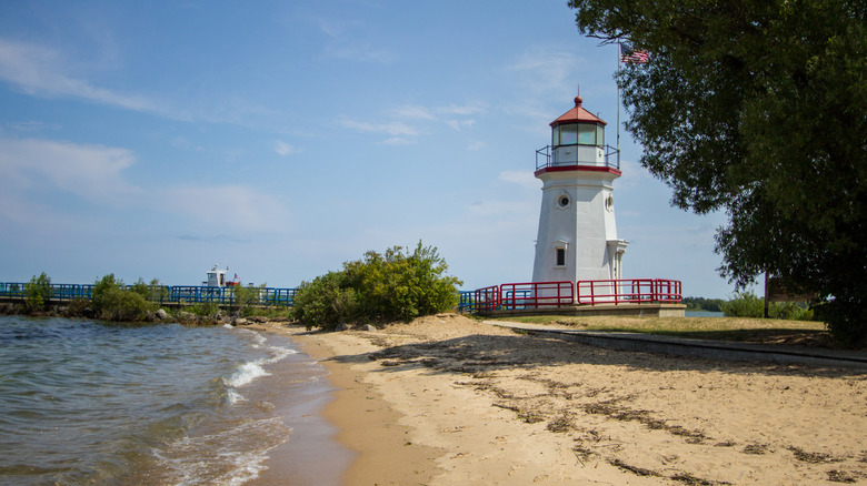 A view of Cheboygan State Park's beach with a lighthouse