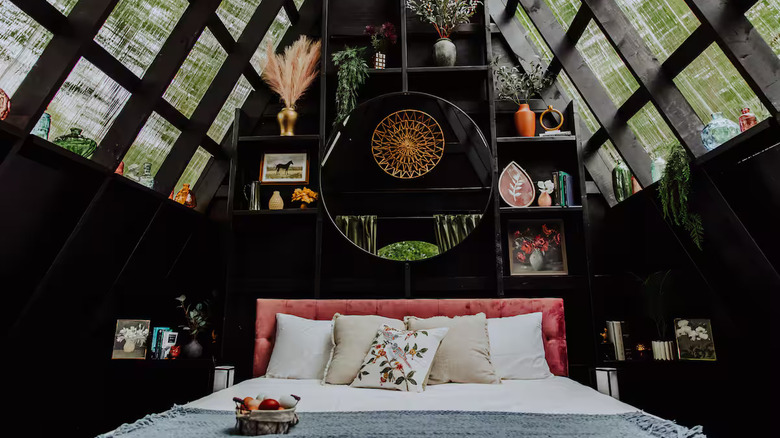 glamping bedroom setup with dark wood details