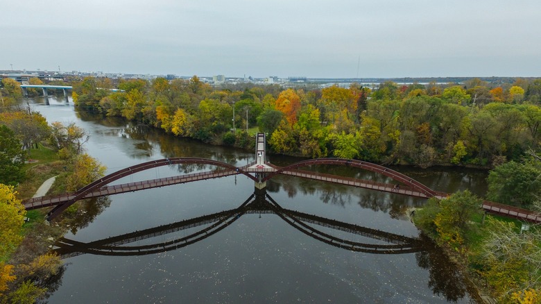 The Tridge in Midland, Michigan surrounded by fall foliage