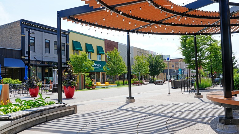 A gazebo and shops in downtown Midland, Michigan