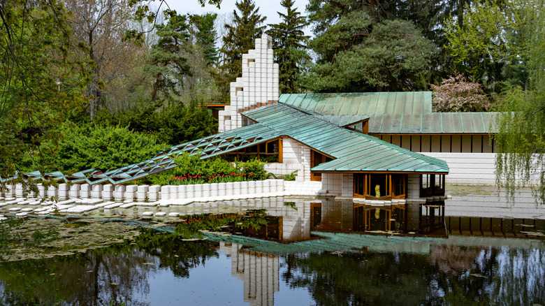 A view of the Alden B. Dow Home and Studio and reflecting pool