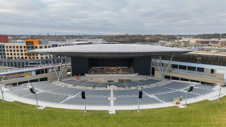 Recent aerial photo from above, showing almost-constructed Acrisure Amphitheater stage and seating