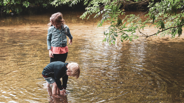 Young girl and boy play in a creek