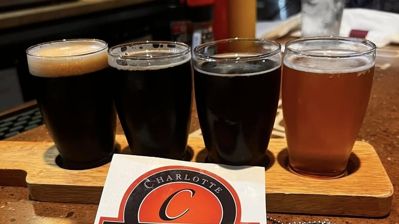A flight of beers at Charlotte Brewing Company