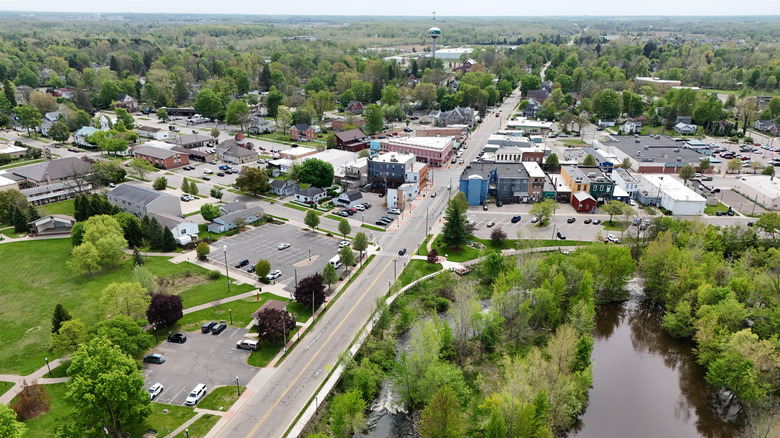 An aerial view of downtown Williamston, Michigan, with trees and streets