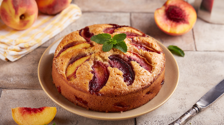 Upside down peach cake with mint on top