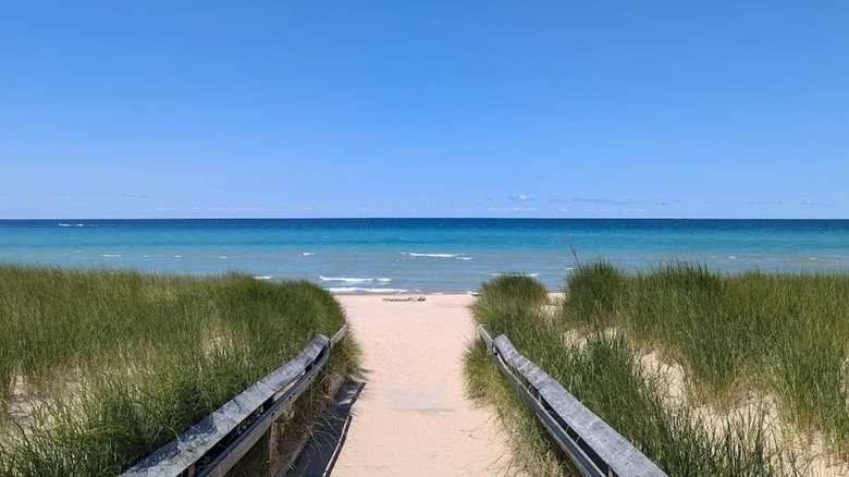 View of Captain John Langland Park beach in Onekama