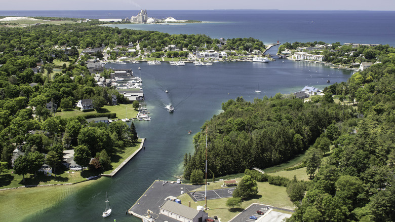 An aerial view of Lak Charlevoix in Michigan