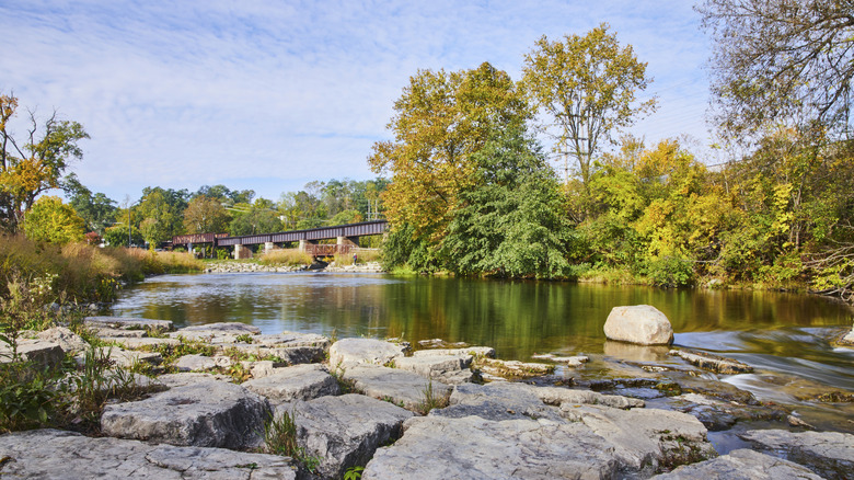 River flowing over rocks with a railway bridge in the background in Ann Arbor, MI.