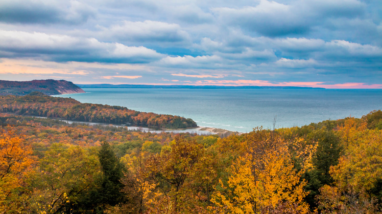 Forest covered in shades of green, orange, red, and yellow leaves near sand dunes and Lake Michigan