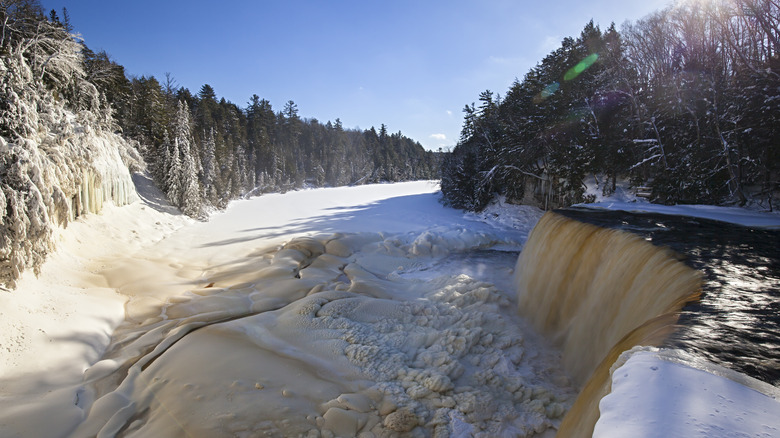 Tahquamenon Falls in winter on a sunny day