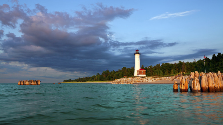 Crisp Point Lighthouse at sunset in Newberry, Michigan