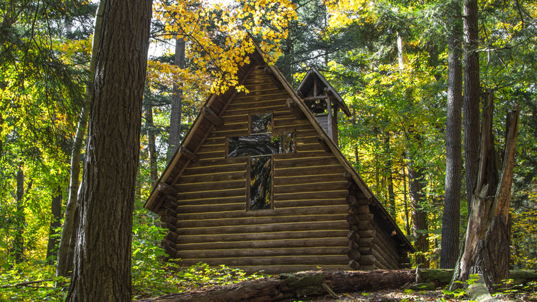 Chapel in the Pines amid vibrant fall foliage in Grayling, Michigan's northern forest region