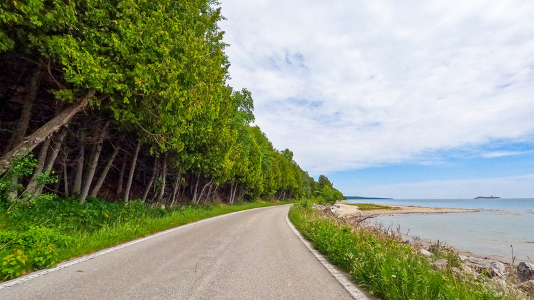 A view of the bike lane of the M-185 surrounding Mackinac Island State Park